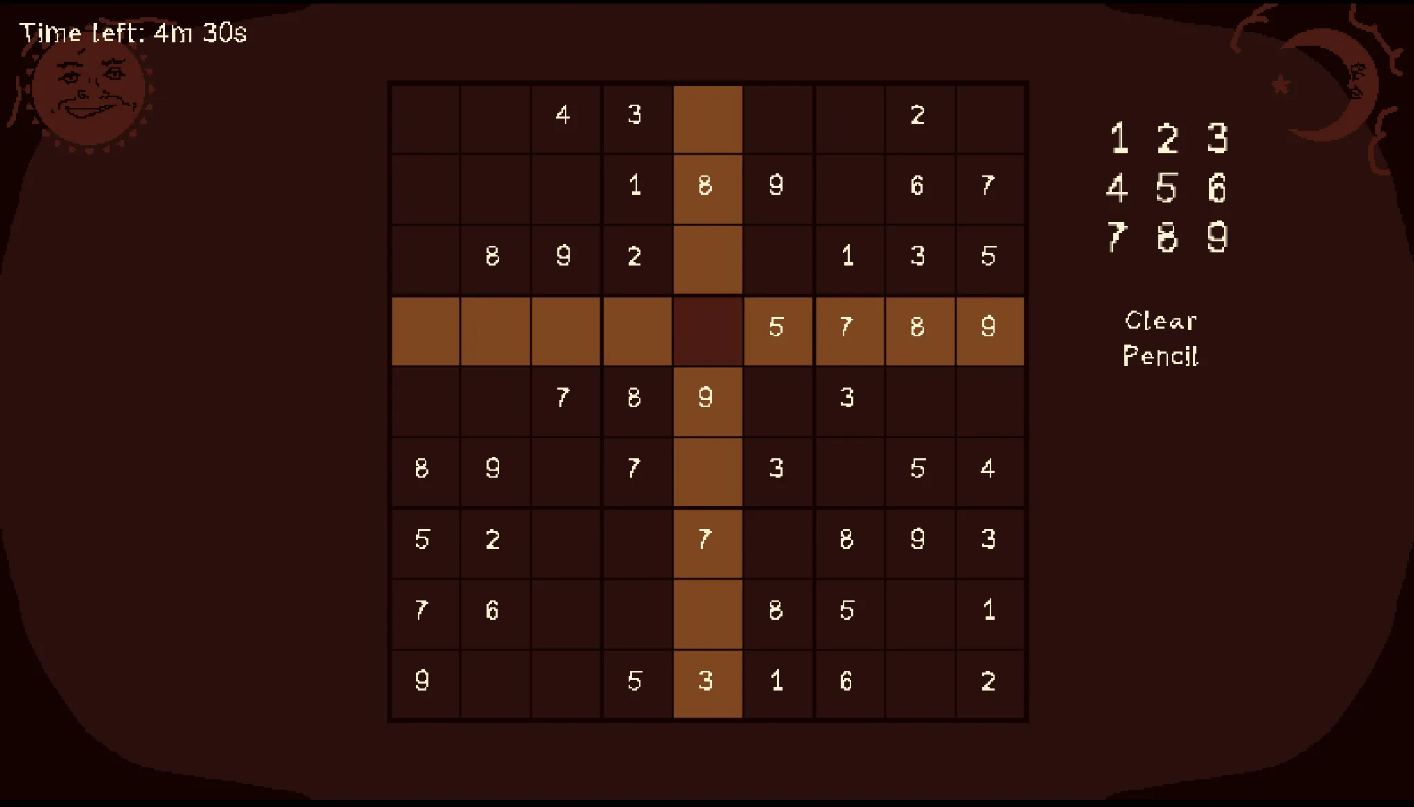 Sudokouija gameplay — a sepia pixel-art sudoku board with a countdown timer and a number pad