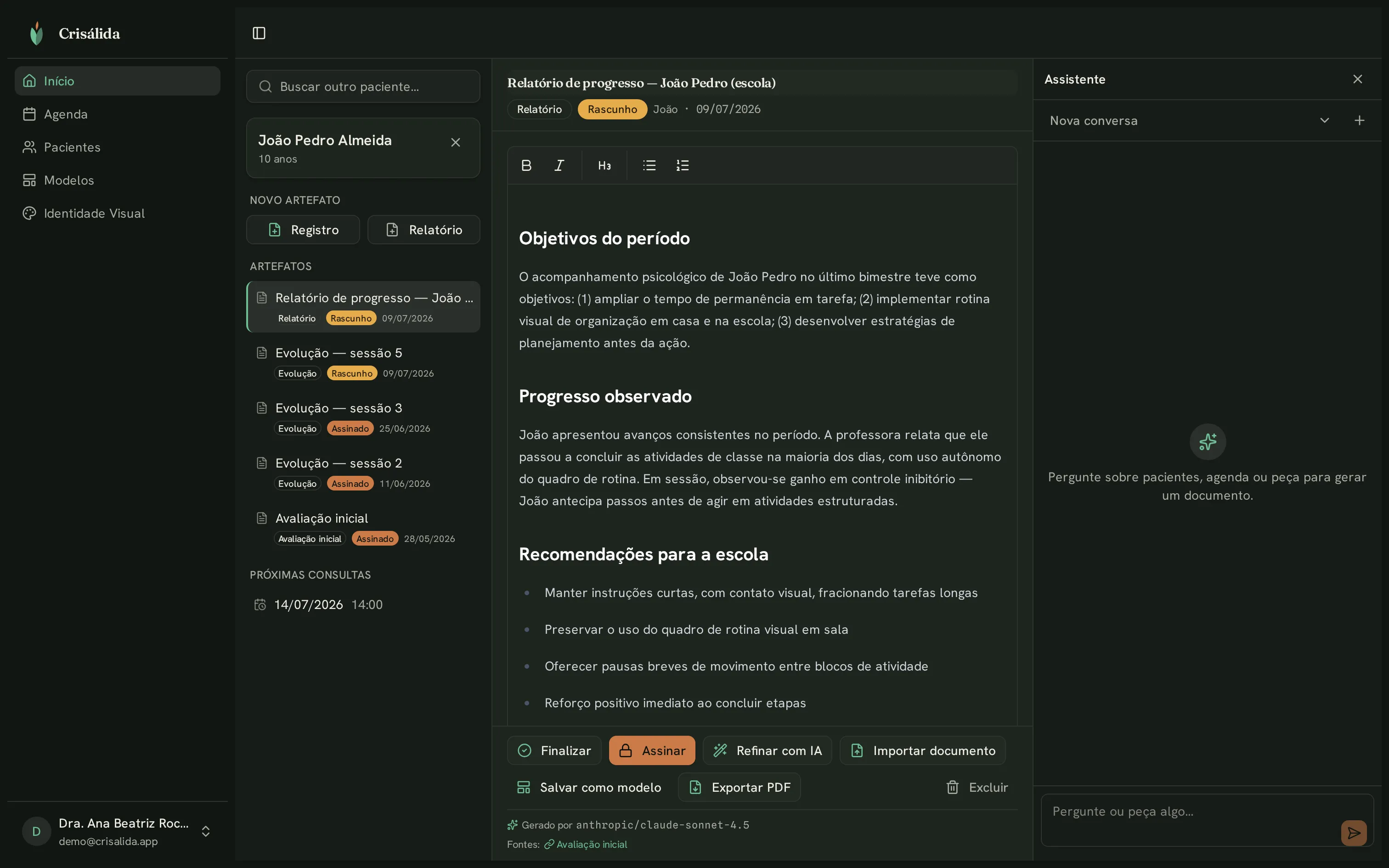 Crisálida draft view in the dark warm-loam theme — an AI-drafted school report open in the editor, awaiting the terracotta sign action