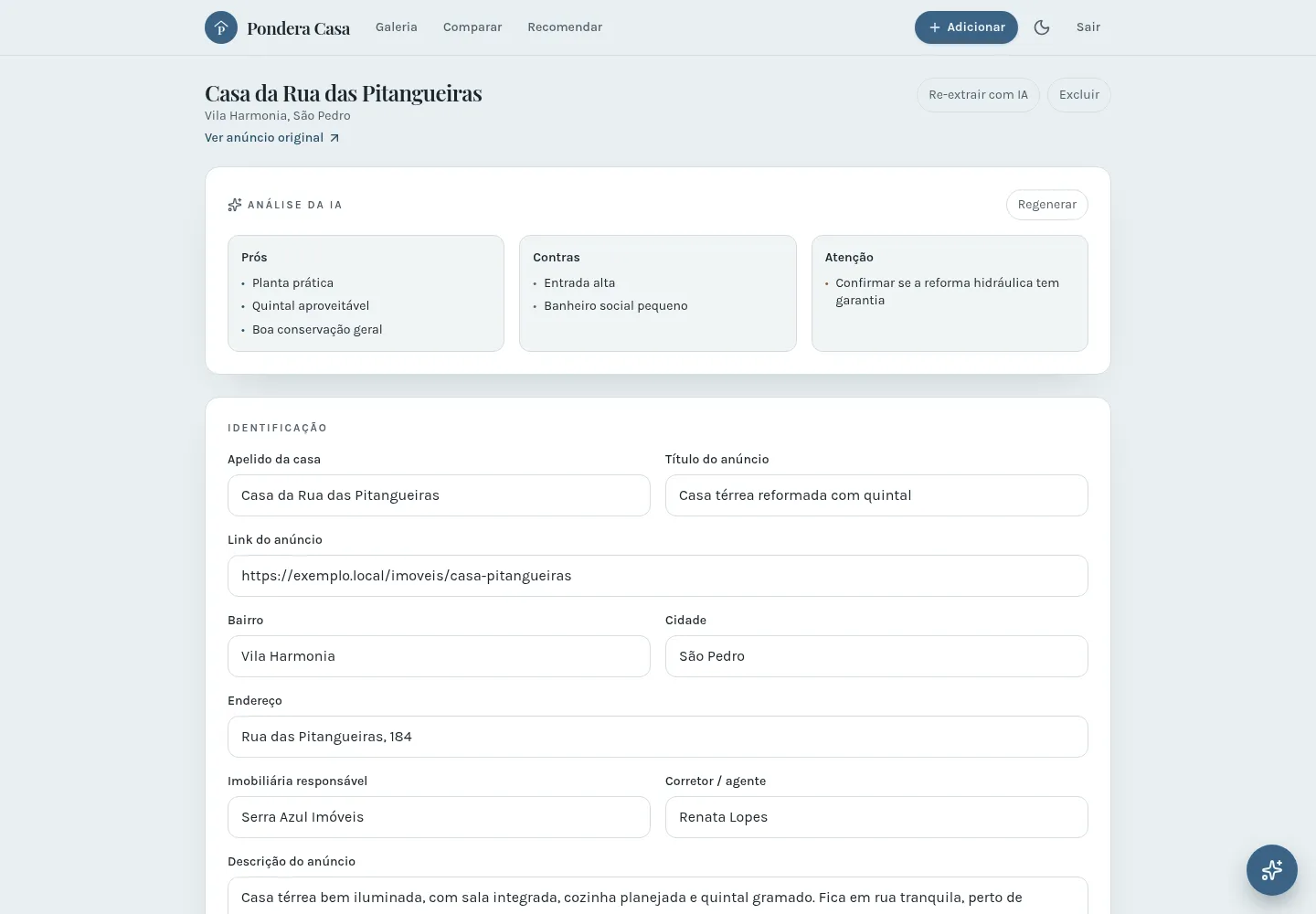 pondera property detail: AI-extracted price, area and neighborhood with a pros, cons and watch-outs card