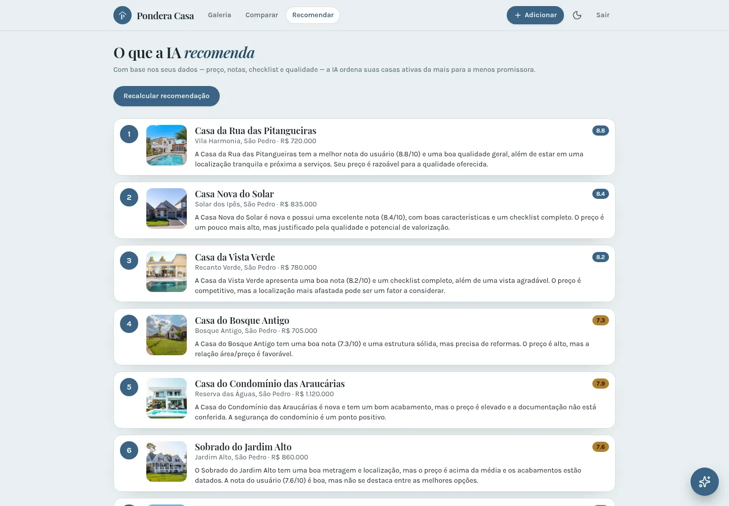 pondera AI recommendation ranking that explains each position in plain language