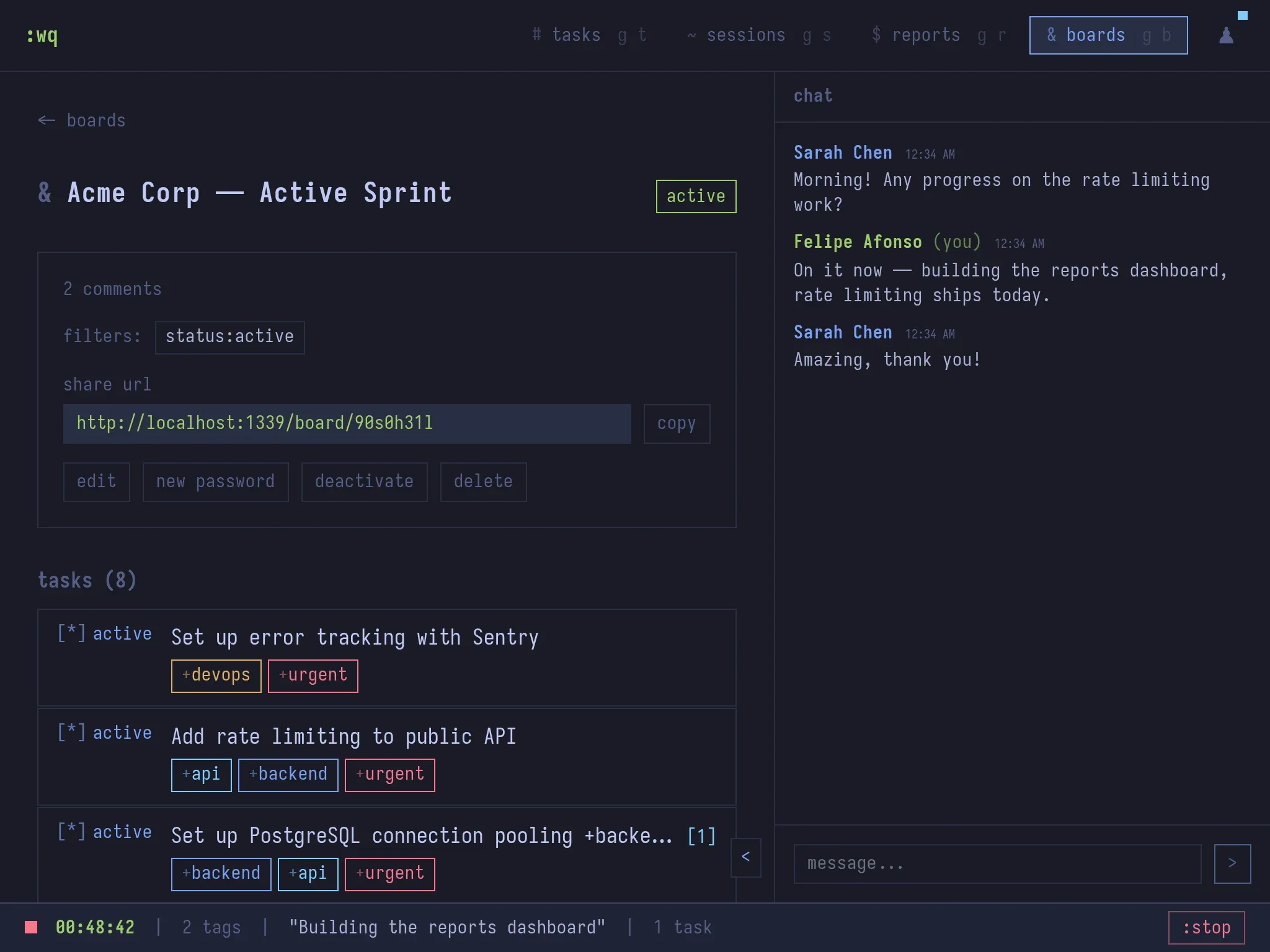 writequit shared client board management with a share URL, password, and a live chat panel