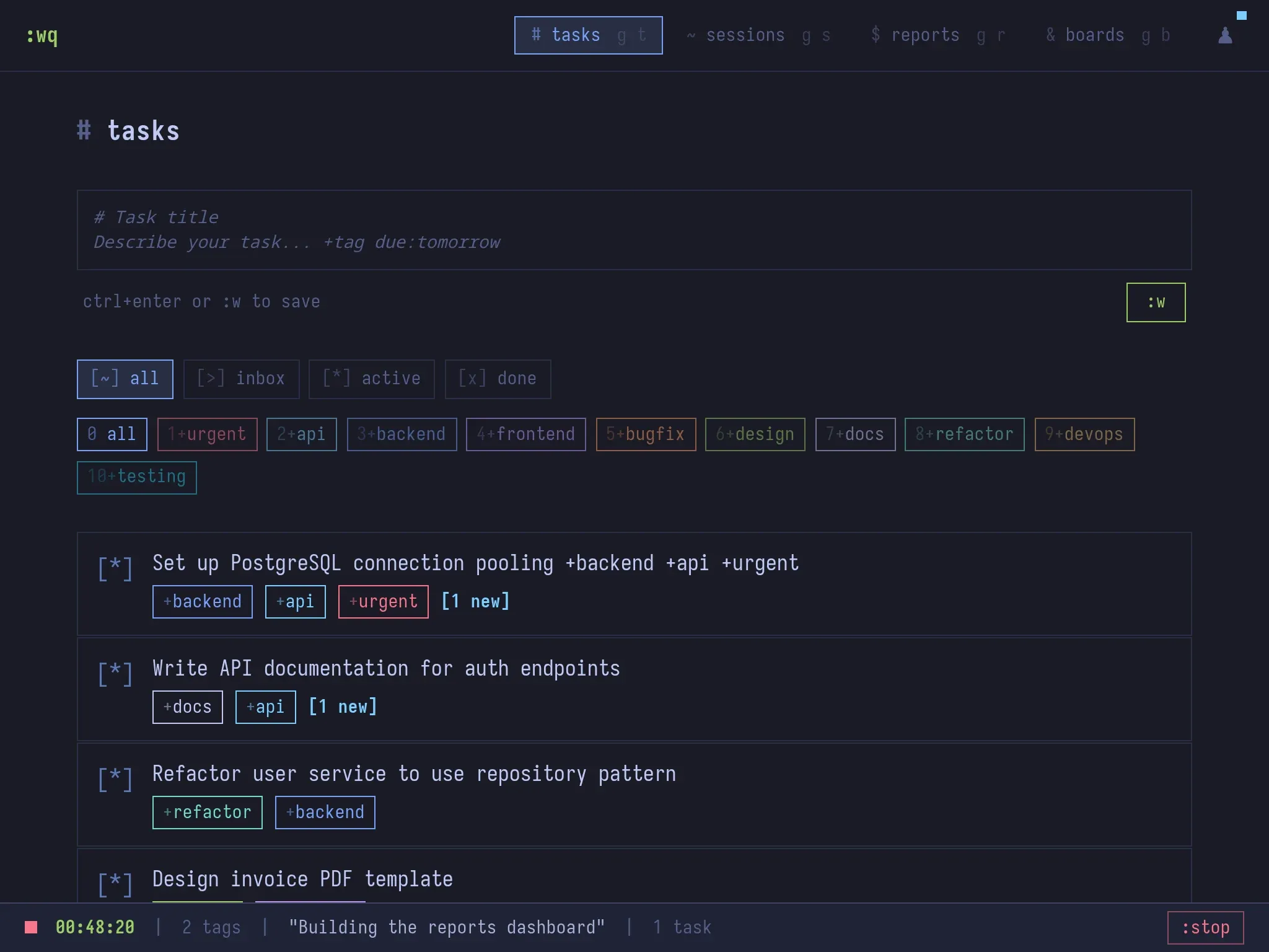 writequit task board: markdown tasks, a running timer, and status filters in one terminal-style view