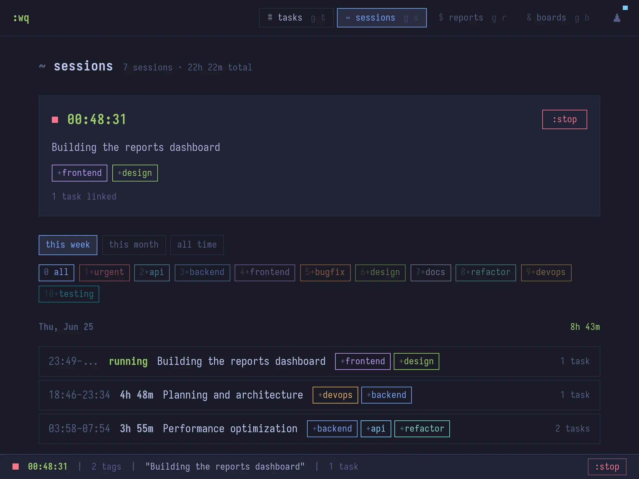 writequit time-tracking sessions with a live running timer